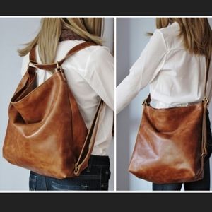 Tan convertible leather backpack, shoulder bag, crossbody purse, hobo